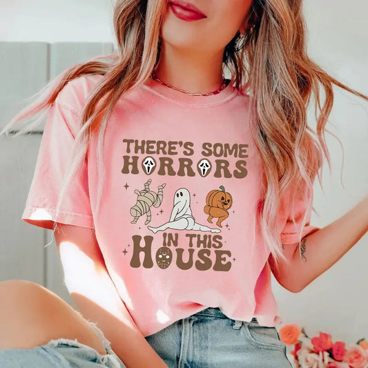 There's Some Horrors In This House Unisex Shirt, Funny Halloween Sweatshirt, Retro Halloween Hpodie, Halloween Shirt, Pumpkin Tee, Gift idea Casual Cotton Fabric Top