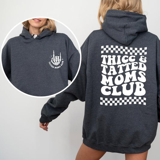 Thicc Tatted Moms Club 2-Sided Hoodies, Tattooed Mama Hooded Sweatshirt, Tattoo Pullover for Mom, Retro Tattoos Are Trashy Hoodie, Funny Gift Ideas for Mommy, Long Sleeve Womens Top, Casual Womenswear