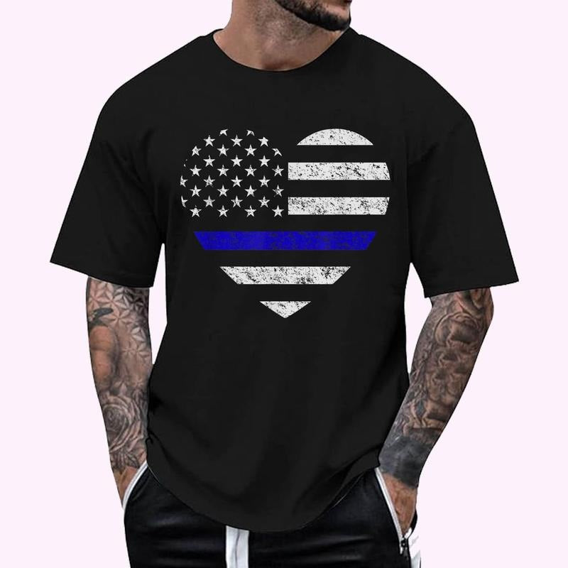 Thin Blue Line American Flag Heart Police T-Shirt - Men's Regular Fit Letter Graphic Round Neck Tee, Casual Short Sleeve, Crew Neck Shirt for Summer, Fashion Men's Top for daily Wear, Graphic Tees