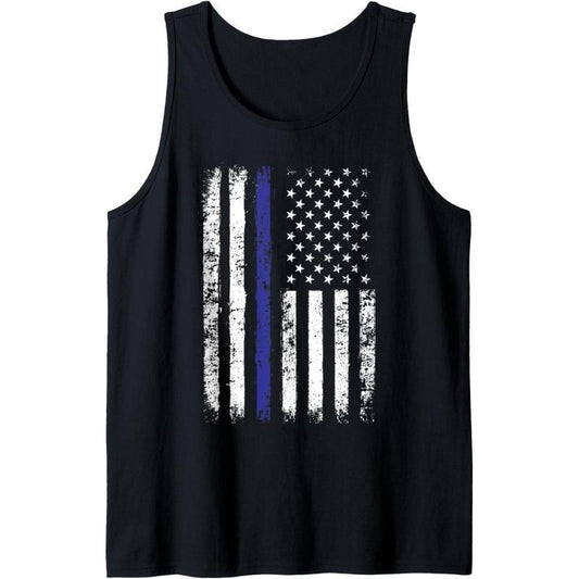 Thin Blue Line American Flag Police Officer Back Dad Gift Tank Top made in USA