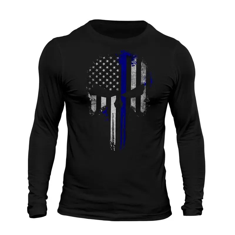 Thin Blue Line Flag Skull Patriotic USA Tactical Men's Long Sleeve T-Shirt Casual Classic