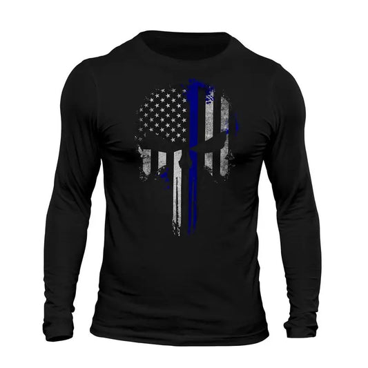 Thin Blue Line Flag Skull Patriotic USA Tactical Men's Long Sleeve T-Shirt Casual Classic