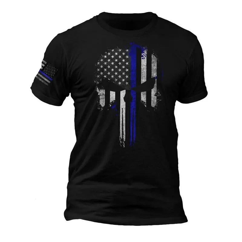 Thin Blue Line Flag Skull Police Lives Flag on Sleeve T-Shirt Casual Crewneck Classic Cotton