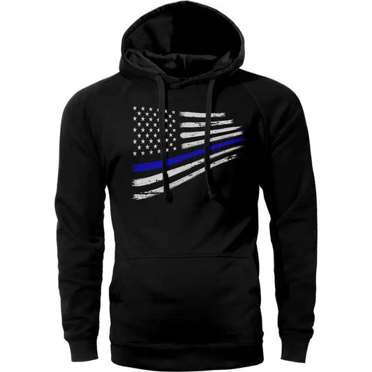 Thin Blue Line Flag Warped Design Police Lives Hoodie Sweatshirt Cotton Fabric Adjustable Breathable Drawstring Kangaroo Pocket Casual Top Menswear Print Pullover Long Sleeve