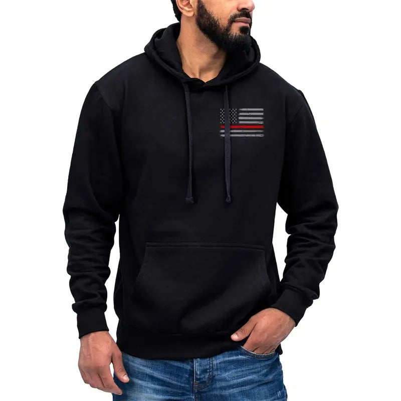 Thin Red Line Flag Left Chest Print US Firefighter Hoodie Sweatshirt Cotton Fabric