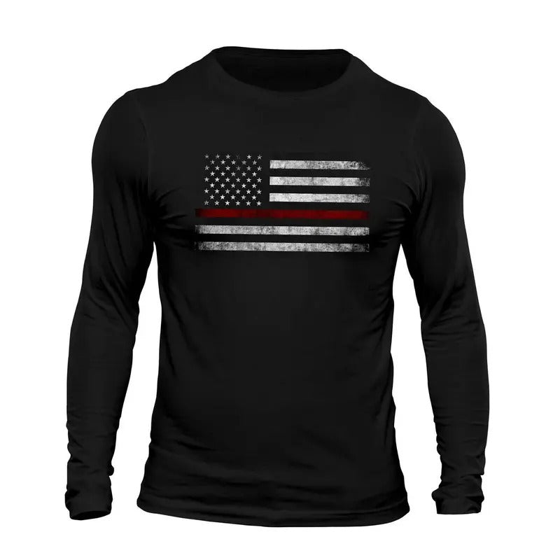 Thin Red Line Flag USA Firefighter Men's Long Sleeve T-Shirt Casual Classic