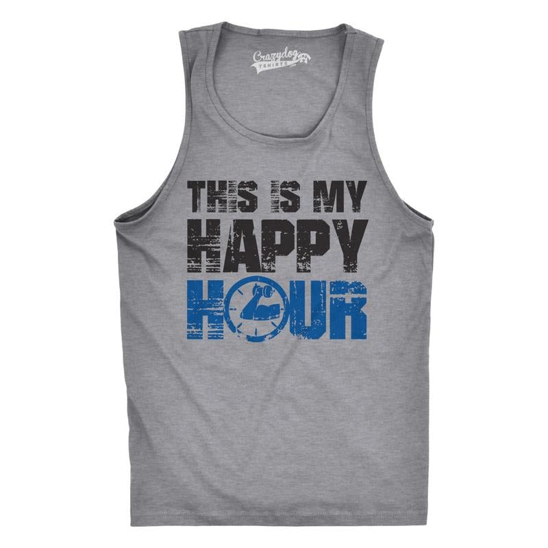 This Is My Happy Hour Tank Top Funny Fitness Workout Drinking Sleeveless Tee Funny Workout Shirt for Men with Plus Sizes Fitness Tank Light Grey