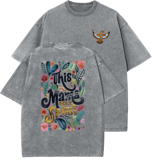 This Mama Runs On Holy Spirit Unisex Washed T-Shirt, Christian Tshirts, Vintage 90s Graphic Tee, Gift Top Womenswear Cotton Mineral Color