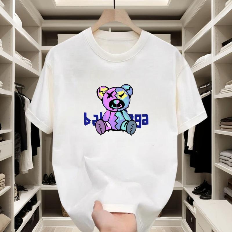 This cool white T - shirt with vibrant bear prints features unique lines and colors, exuding a full - on trendy vibe. Crafted from pure cotton, it offers a comfortable fit. The classic round neck is both versatile and stylish.
