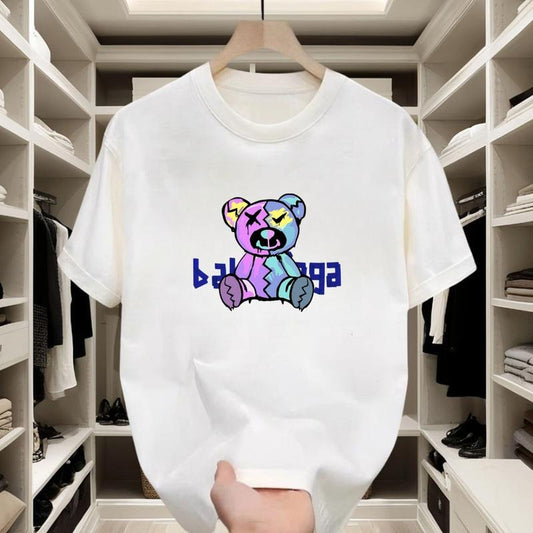 This cool white T - shirt with vibrant bear prints features unique lines and colors, exuding a full - on trendy vibe. Crafted from pure cotton, it offers a comfortable fit. The classic round neck is both versatile and stylish.
