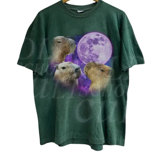 Three Capybaras Vintage Graphic T-shirts, Retro Capybara Moon Tshirt, Funny Graphic Tee, Oversized Washed Tee,Weirdcore Tee, Capybara Lovers
