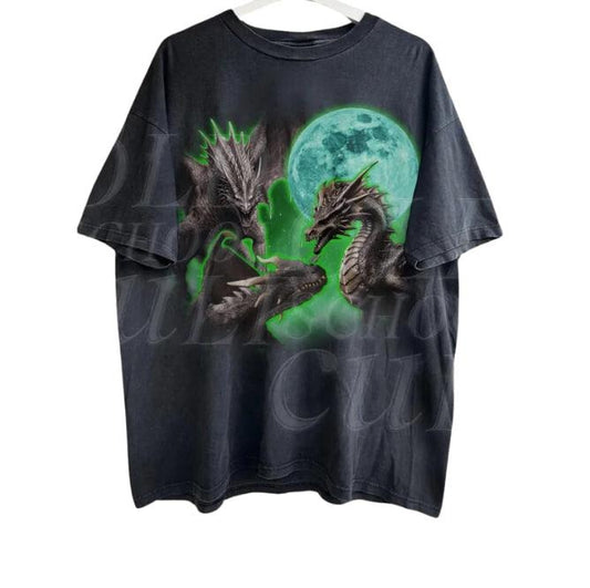 Three Dragons Vintage Graphic T-shirts, Retro Dragon Fantasy Moon Tshirt, Funny Graphic Tee, Oversized Washed Alpha Tee, Fantasy Y2k Lovers Streetwear