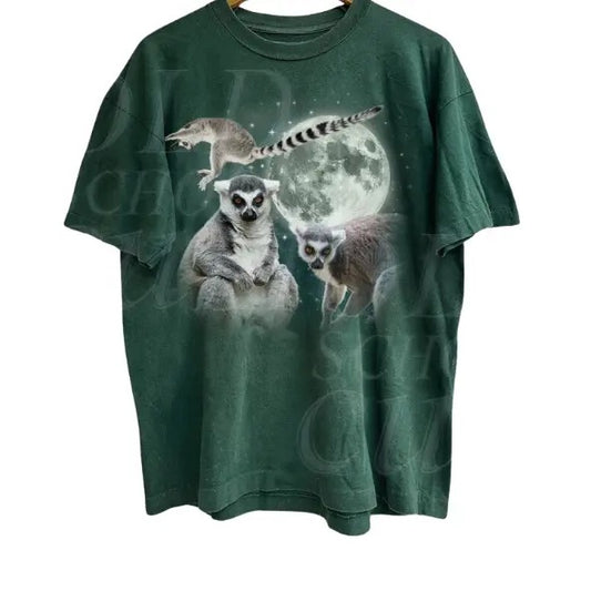 Three Lemur Vintage Graphic T-shirts, Retro Lemur Moon Madagascar Tshirt, Animal Lovers, Funny Sleeping Galaxy Tee, Gag Tee, Y2k, Unisex T-Shirt, Gift For Men Women Menswear Top Underwear Baggy
