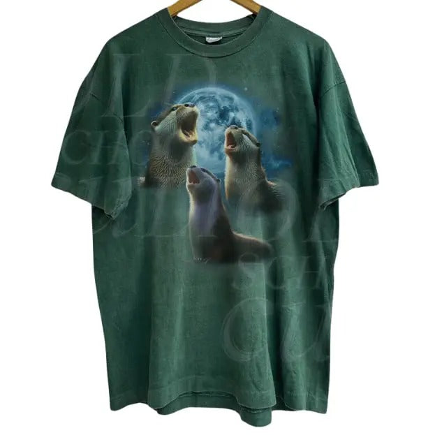 Three Otters Vintage Graphic T-shirts, Retro Otter Moon Tshirt, Otter Lovers, Funny Graphic Tee, Weird T Shirts Menswear Top Shortsleeve
