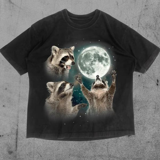 Three Raccoons Moon T-Shirt, Raccon Funny Meme Shirt, Animal Tee, Gifts Shirt, Unisex Vintage Graphic Tees Gothic Grunge Y2k Emo Scene Amity Affliction Style Clothes Men Women Streetwear
