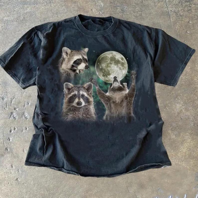 Three Raccoons Retro Graphic T-shirts, Vintage Raccoon Moon Tshirt, Raccoon Lovers, Funny Raccon Tee, Oversized Tee, Silly Gifts, Meme, Crewneck