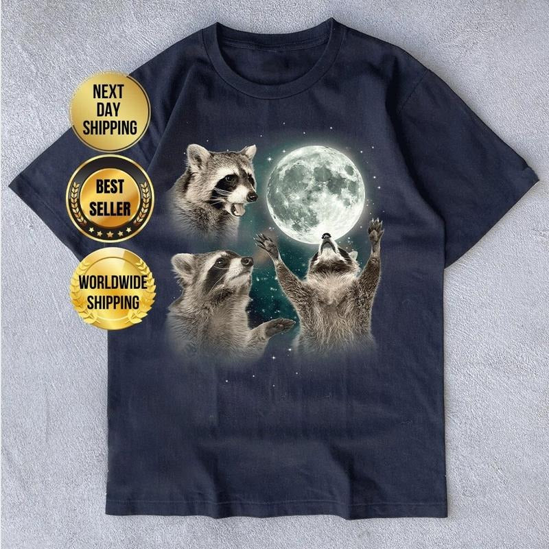 Three Raccoons Vintage Graphic T-shirts Retro Raccoon Moon Tshirt Raccoon Lovers Funny Raccon Tee Oversized Washed Tee Raccoon Gifts TK43GN
