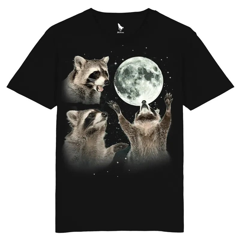 Three Raccoons Vintage Graphic T-shirts, Retro Moon Tshirt, Raccoon Lovers, Funny Raccoon Tee, black, off white, Raccoon Gifts