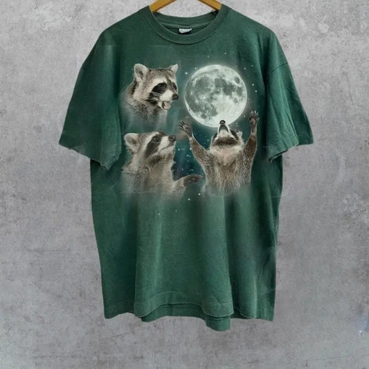 Three Raccoons Vintage Graphic T-shirts, Retro Raccoon Moon Tshirt, Raccoon Lovers, Funny Raccon Tee, Oversized Washed Hoodie, Raccoon Gifts Menswear Top Cotton Classic T-shirt Shirt Sweatshirt
