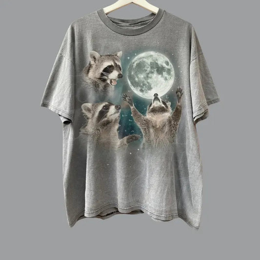 Three Raccoons Vintage Graphic T-shirts, Retro Raccoon Moon Tshirt, Raccoon Lovers, Funny Raccon Tee, Oversized Washed Tee, Raccoon Gifts Menswear Top Underwear Streetwear Tropical Crewneck Round Neck Shortsleeve