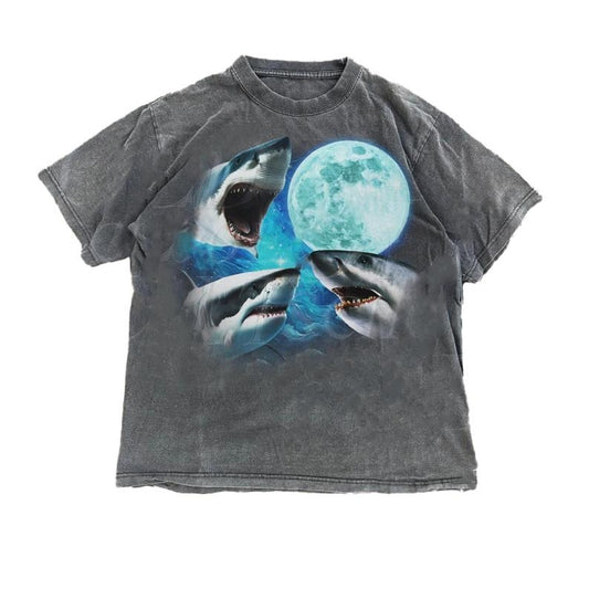 Three Sharks Vintage Graphic T-shirts, Retro Shark Moon Sweatshirt, Skark Ocean Lovers, Funny Graphic Tee, OversizedTee,Weirdcore Shirt,Crewneck Gift