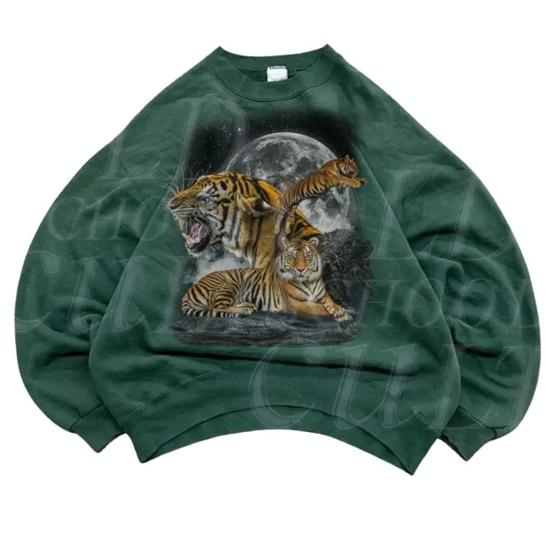 Three Tiger Vintage 90s Style Sweatshirt, Retro Tiger Sweater, Cute Cat Sweater, Nature Hoodie Gifts, Cozy Warm Unisex Sweatshirt, Lion Moon