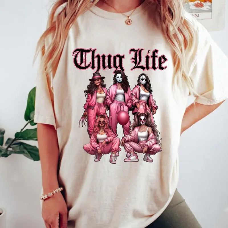 Thug Life Halloween Character Shirt, Bad Girls Horror Movie Tee, Series Halloween Shirt, Halloween Horror Friends, Unisex Short Sleeve Tee Shirt, Casual Clothing
