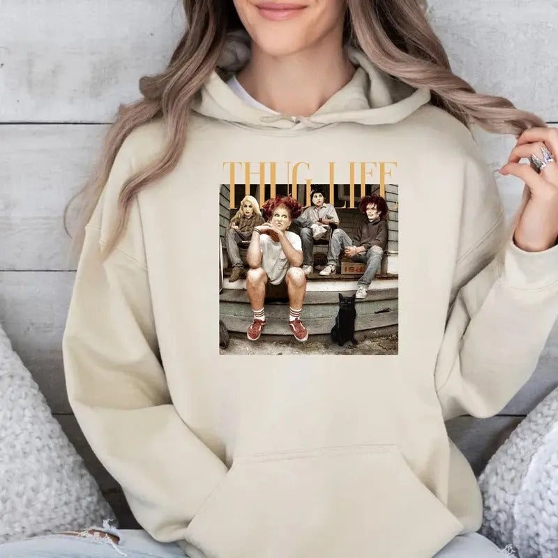 Thug Life Halloween Hoodie, Spooky Season Hoodie, Black Cat Shirt, Retro Halloween Character Shirt, Unisex Long Sleeve Pullover Hoodie Shirt