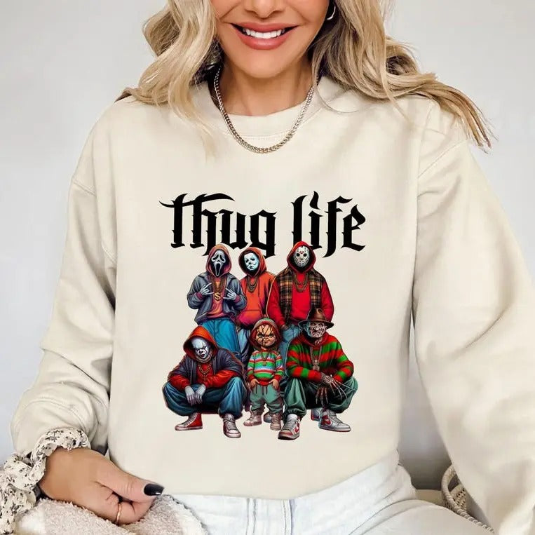 Thug Life Halloween Sweatshirt, Thug Life Shirt, Horror Halloween Shirt , Horror Movie Sweatshirt, Halloween Sweatshirt, Halloween Shirt, Unisex Classic Cotton Tee with Graphic Print in All Sizes, For Men, For Women