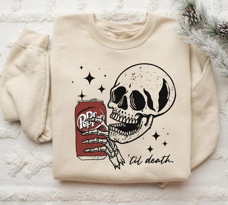 Till Death Dr. Pepper Sweatshirt, Skeleton Sweatshirt, Halloween Sweater, Cute Dr Pepper Shirt, Skeleton drinking Dr. Pepper Sweatshirt Cotton Fabric