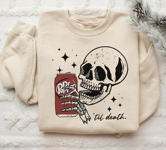 Till Death Dr. Pepper Sweatshirt, Skeleton Sweatshirt, Halloween Sweater, Cute Dr Pepper Shirt, Skeleton drinking Dr. Pepper Sweatshirt Cotton Fabric