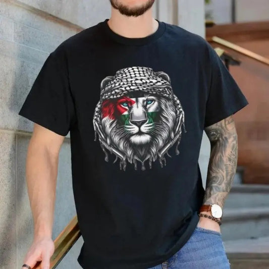 Time Of Palestine: Lion Keffiyeh T Shirt Casual Menswear, Unisex Short Sleeve Tee Top Classic Cotton Streetwear