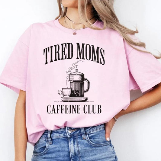 Tired Moms Caffeine Club Shirt, Trendy Gift For Mom, Funny Shirt For New Mom, Coffee Lover Tee Gift For Mother, Short Sleeve Crew Neck Top, Crewneck Top funny  graphic  tees