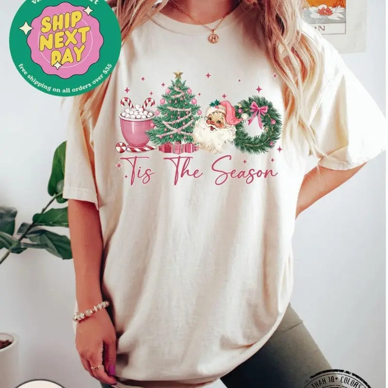 Tis The Season Sweatshirt, Coquette Bow Christmas Shirt, Retro Christmas Crewneck, Girly Christmas Sweater, Merry Christmas