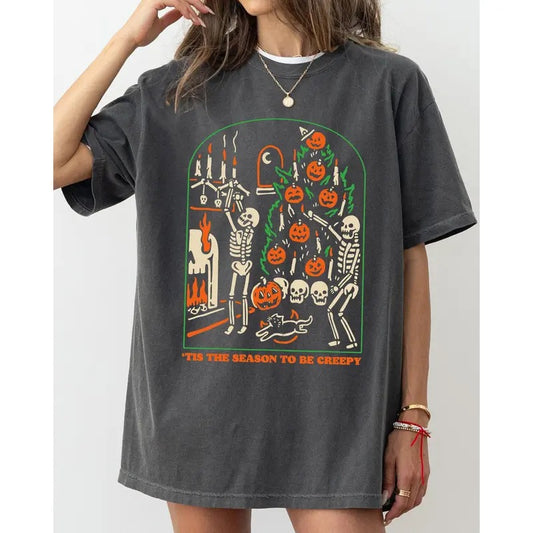 Tis The Season To Be Creepy, Spooky, Skeleton, Funny, Witch, Aesthetic, Meme, Halloween, Costume, Tshirt, Women's, Comfort Colors Tee, Spooky, Tshirt, Witch, Pumpkin, Ghost, Skeleton Cotton Vintage