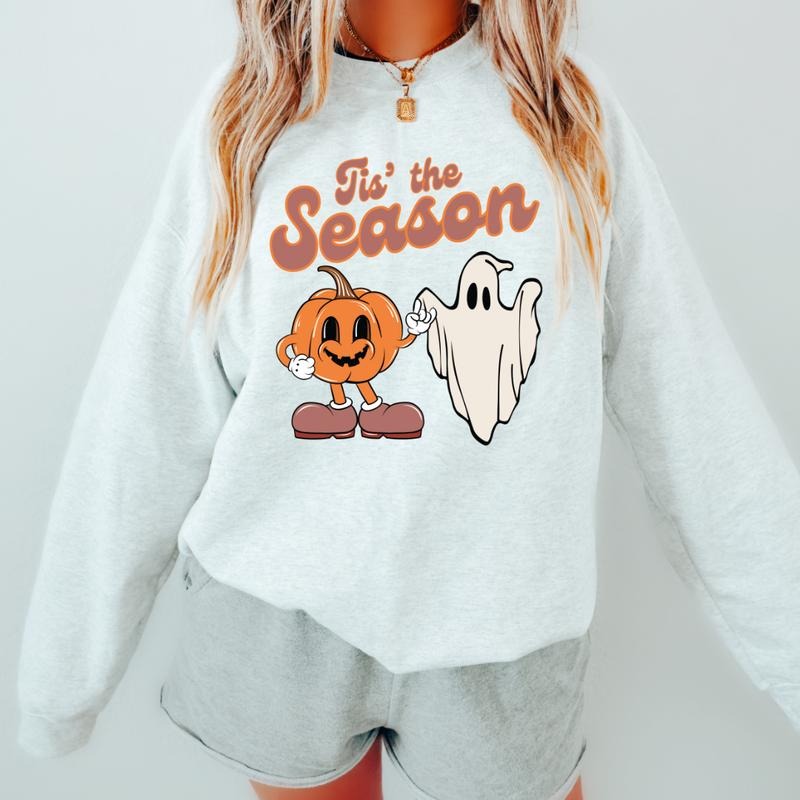 Tis the Season Halloween Sweatshirt #1, Pumpkin and Ghost, Fall Oversized Womens Halloween Crewneck, Gildan Sweatshirt Trendy, Cute Style, Retro Design Tee, Spooky