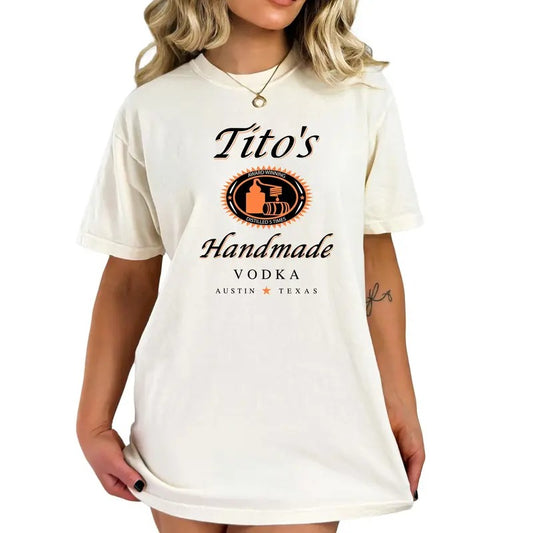 Tito Crewneck T-Shirt, TITO'S Handmade Vodka Shirt, Austin Texas Label Tee, Vodka Alcohol Shirt, Tito's Fan Gift, Texan Tee, Casual Menswear Tshirt, Streetwear Top, Shortsleeve Graphic Tee Womenswear Comfort Summer Round Neck T-Shirt