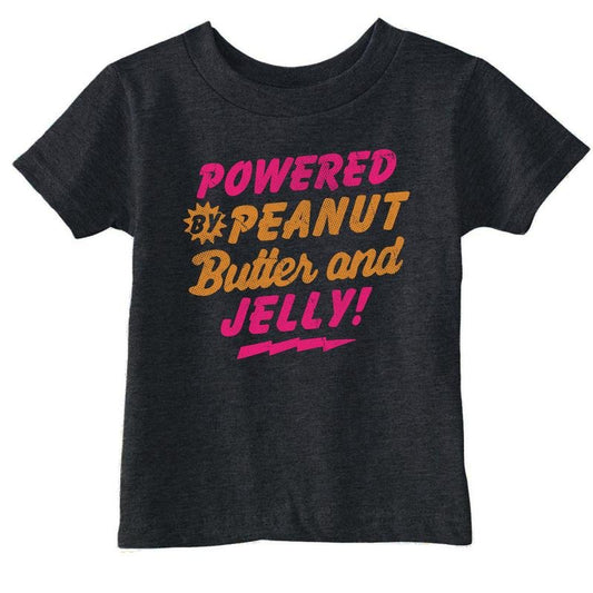 Toddler Funny T Shirts Powered By Peanut Butter And Jelly Sarcastic PB&J Graphic Novelty Tee For Toddlers Funny Toddler Shirts Sarcastic Apparel for Toddler Funny Food Apparel Childrens Graphic Tees Black - PB