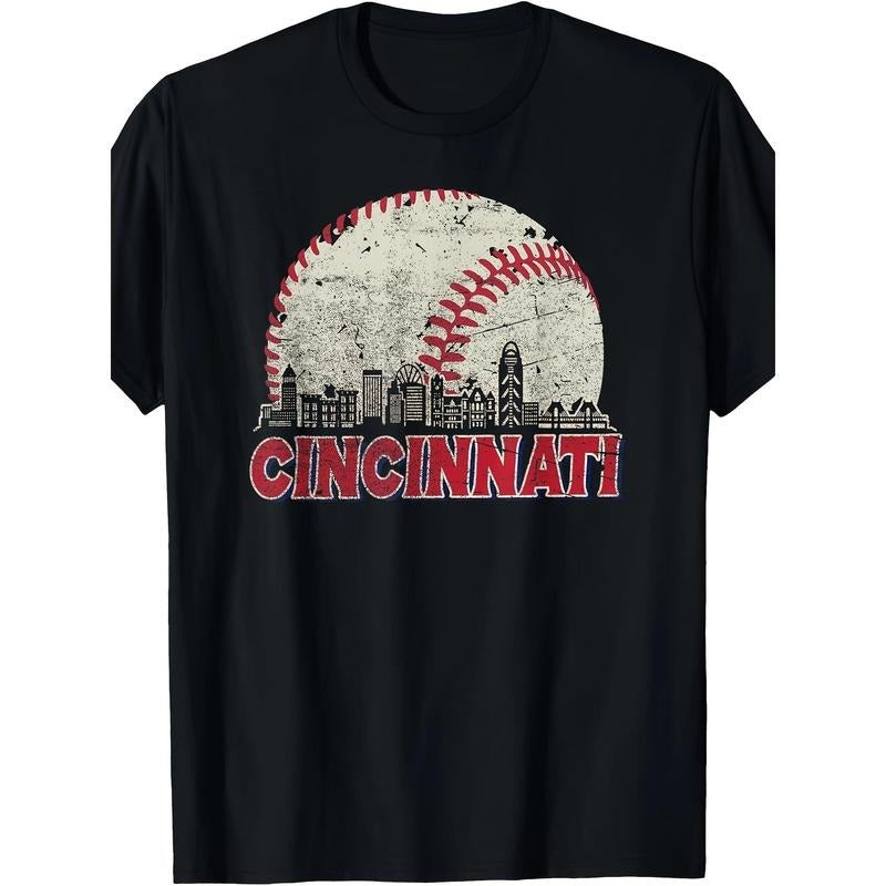 Top quality gift for men's crewneck T-shirt, vintage Cincinnati cityscape baseball enthusiast men's T-shirt, running workout made in usa