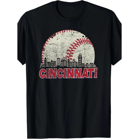Top quality gift for men's crewneck T-shirt, vintage Cincinnati cityscape baseball enthusiast men's T-shirt, running workout made in usa