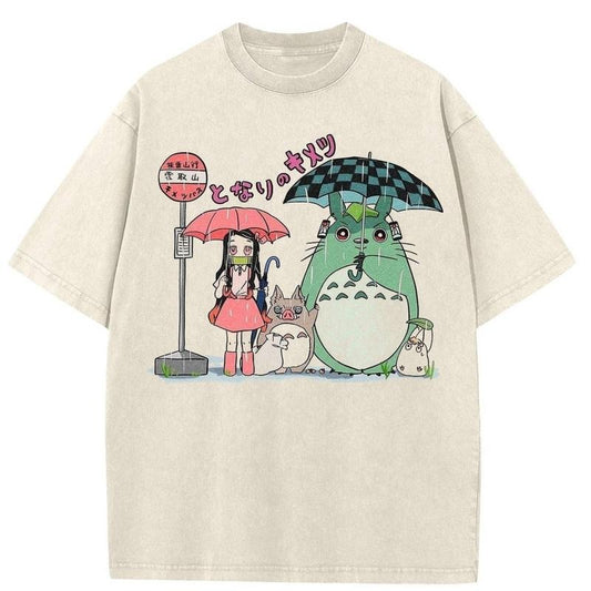 Totoro & Demon Slayer Bus Stop Graphic T-Shirt - Vintage Demon Slayer & Totoro Shirt For Menswear Streetwear, Anime Shirt, Funny Shirt