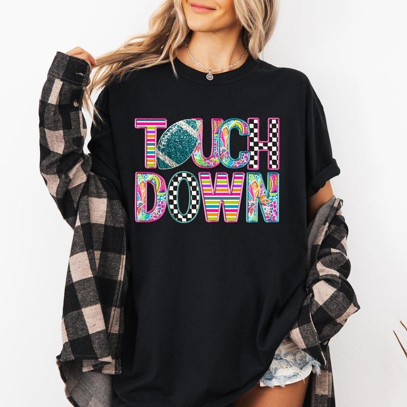 Touchdown, Faux Printed Embroidery Look, Colorful, Girly, Football, Sports, Game Day, Big Game, Tailgate Party Tshirt, Women's Comfort Colors Tshirt, Graphic Tee