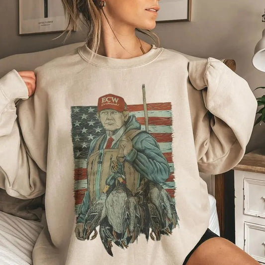 Tr4mp Hunting Season Retro USA Flag Cotton Unisex Sweatshirt Womenswear Check