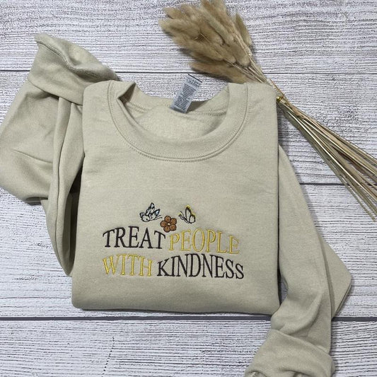 Treat People With Kindness inspirational embroidered sweatshirt, inspirational embroidered crewneck, oversized crewneck; gift for her; birthday gifts for her Cotton Casual Plain
