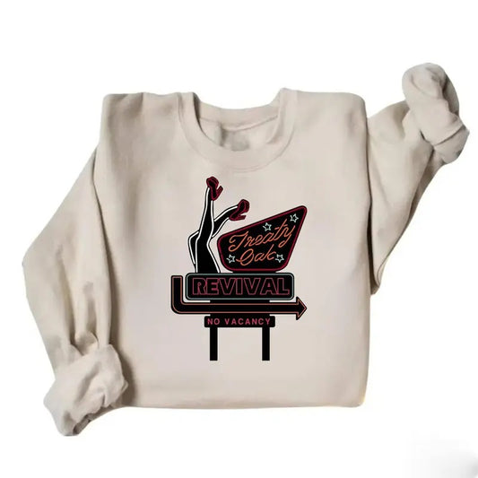 Treaty Oak Revival T-shirt Sweatshirt Hoodie - Retro Neon Sign-Inspired Design With Bold Graphics, Perfect for Fans of Vintage Vibes and Music, Unisex Crewneck for Trendy and Comfortable Style.