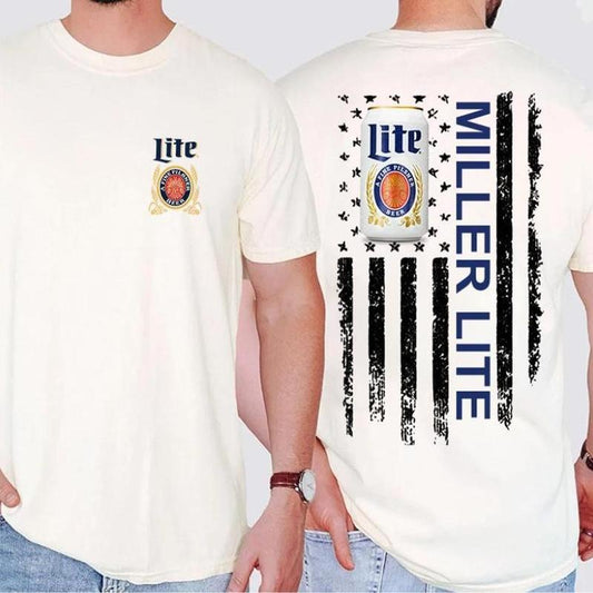 Trending Miller Lite America Flag Graphics Printed Unisex Cotton T-shirt 2 sides, Unisex Cotton Fit, Not Comfort Colors, Full Sizes men women
