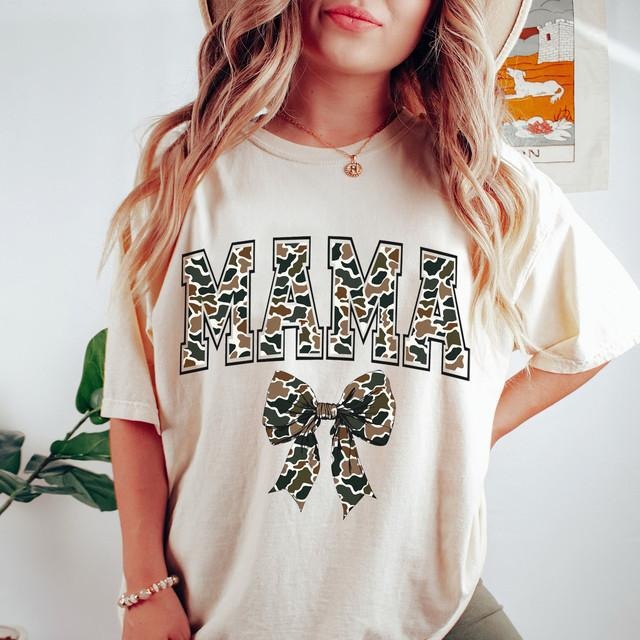 Trendy Camo Mama Coquette Bow Tee, Retro Camouflage Coquette Old Camo Mama Shirt, Mother's Day Gift, Camo Mom Shirt, Gift for Her