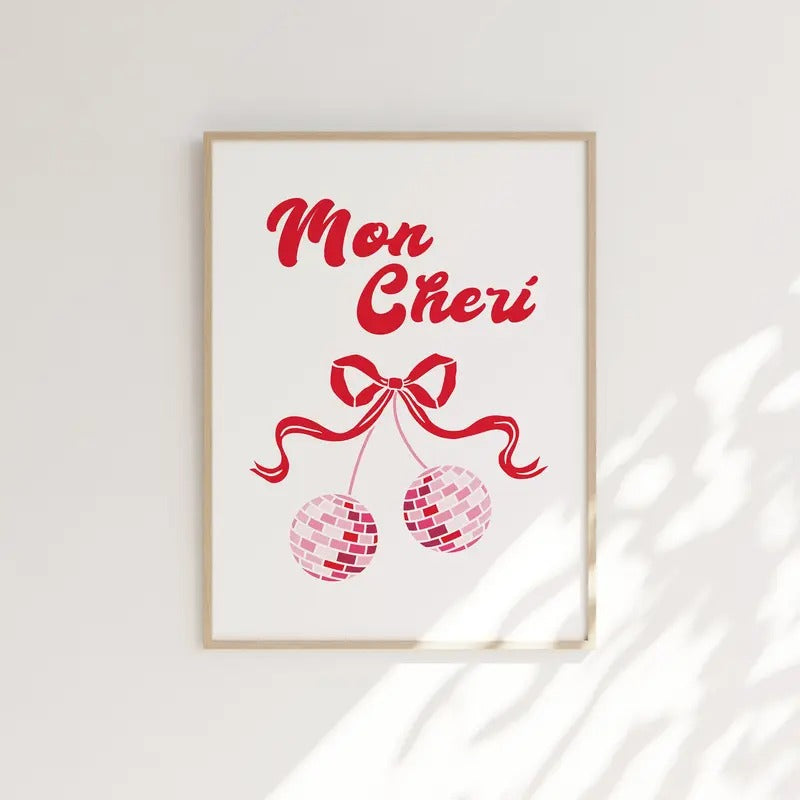 Trendy Retro Wall Art, Mon Cheri, Cherry Disco Ball Print, Aesthetic Cherry Poster, Dorm Posters, Gifts For Her Besties Wall Art, Poster Prints No Frame, Gifts For Birthday Decor Landscape
