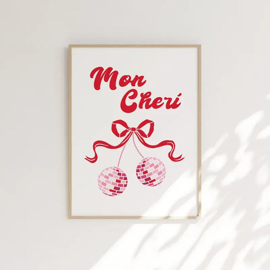 Trendy Retro Wall Art, Mon Cheri, Cherry Disco Ball Print, Aesthetic Cherry Poster, Dorm Posters, Gifts For Her Besties Wall Art, Poster Prints No Frame, Gifts For Birthday Decor Landscape