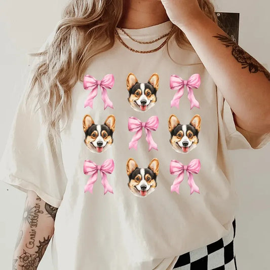 Tri Colored Corgi and bows Shirt ~ Unisex Apparel Relaxed Fit Printed In The USA Clothing Womenswear Casual Comfort Cotton Top Athletic Boho Chic